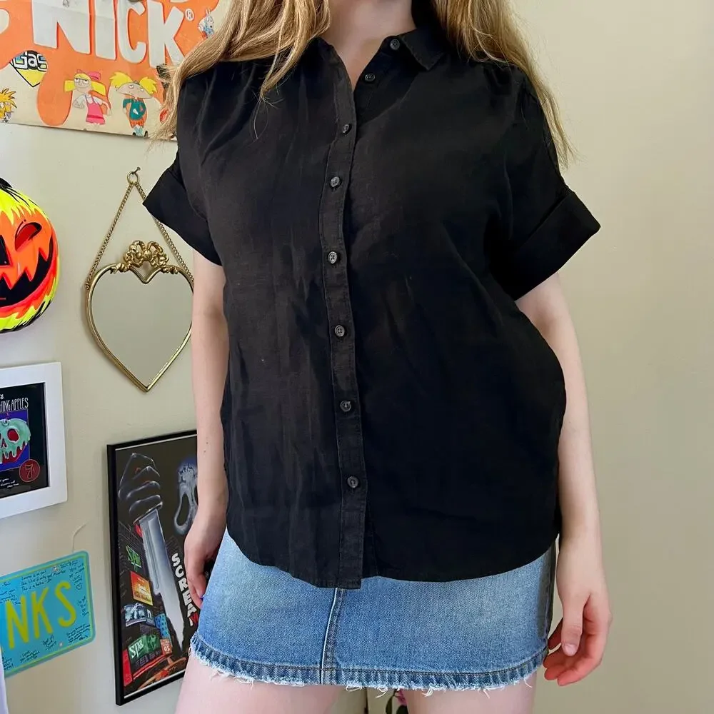 J.Crew Baird McNutt Irish Linen Black Blouse Women's Small Oversized